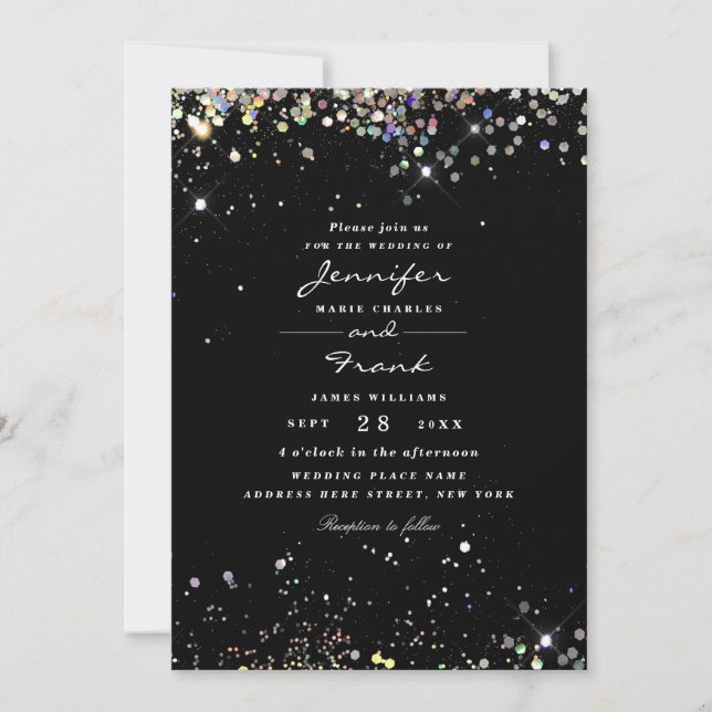 Elegant Holographic Sparkly Glitter Black Wedding Invitation (Front)