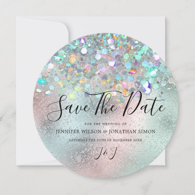 Elegant Holographic Sparkly Glitter Modern Blue Save The Date (Front)