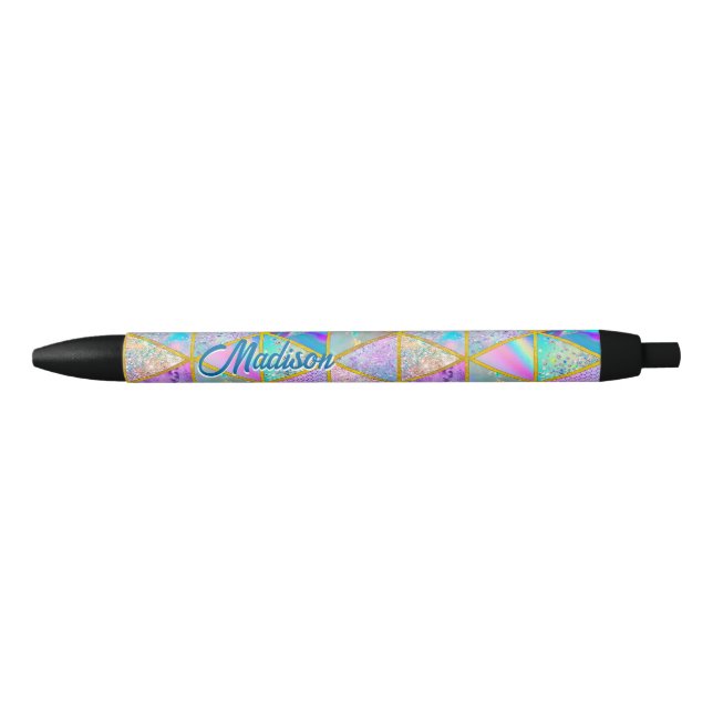Elegant holographic trendy faux gold geometric  black ink pen (Front)