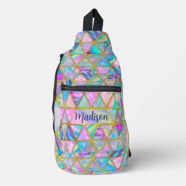 Elegant holographic trendy faux gold geometric  sling bag (Front)