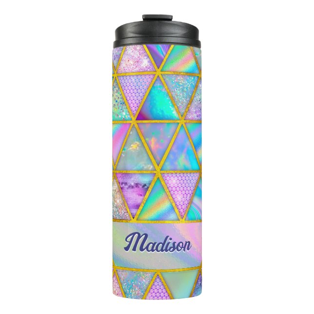 Elegant holographic trendy faux gold geometric thermal tumbler (Front)