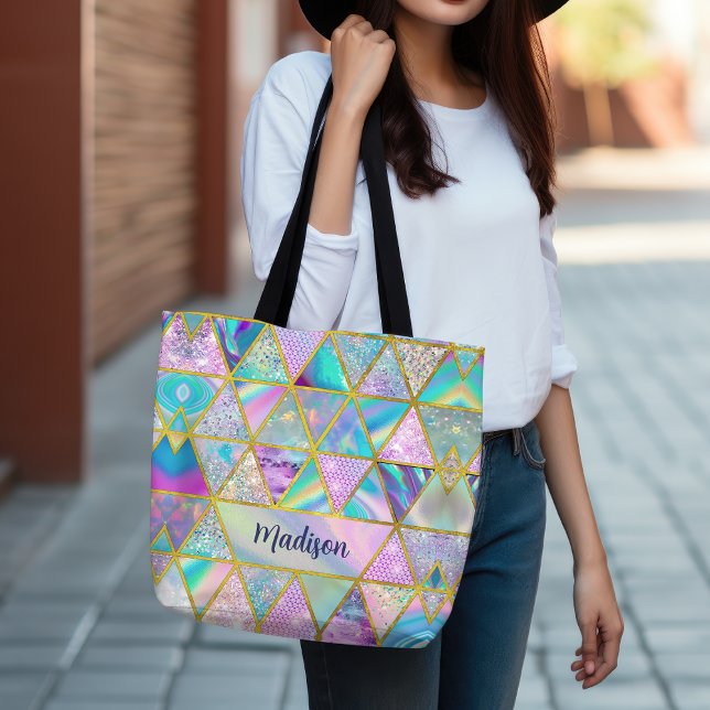 Elegant holographic trendy faux gold geometric  tote bag (Creator Uploaded)