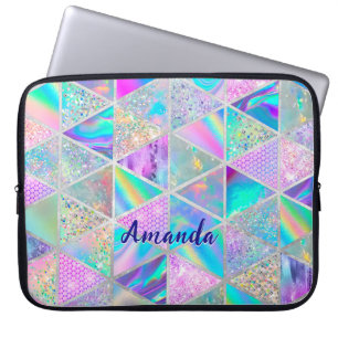 Elegant holographic trendy faux silver geometric laptop sleeve