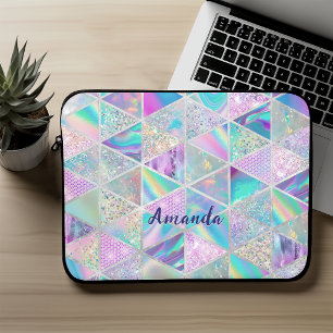 Elegant holographic trendy faux silver geometric laptop sleeve