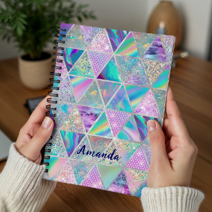Elegant holographic trendy faux silver geometric notebook