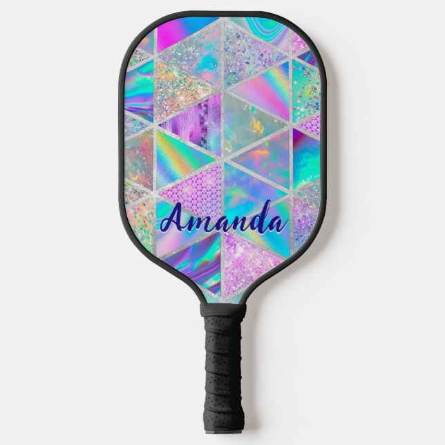 Elegant holographic trendy faux silver geometric pickleball paddle (Front)