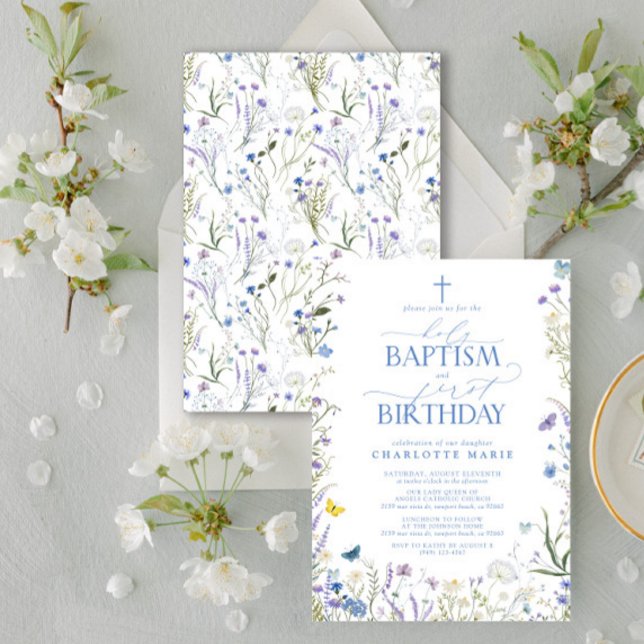 Elegant Holy Baptism & 1st Birthday Blue Flowers Invitation (Easily personalize this baptism and first birthday invite with your personal details.)