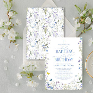 Elegant Holy Baptism & 1st Birthday Blue Flowers Invitation