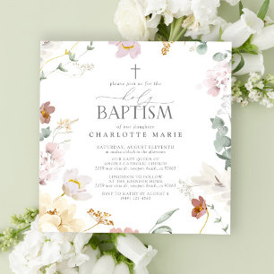 Elegant Holy Baptism Blush Pink Watercolor Flowers Invitation