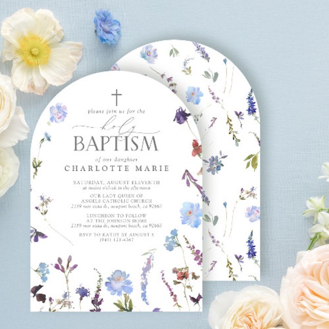 Elegant Holy Baptism Script Dusty Blue Wildflower Invitation (Creator Uploaded)