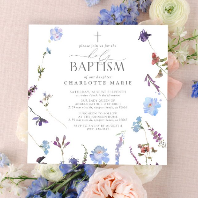 Elegant Holy Baptism Script Dusty Blue Wildflower Invitation (Holy Baptism Invitation)