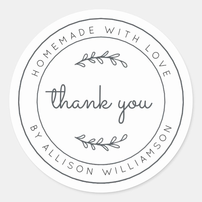 Elegant Homemade With Love Black White Thank You Classic Round Sticker (Front)