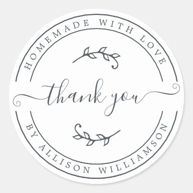 Elegant Homemade With Love Black White Thank You Classic Round Sticker (Front)