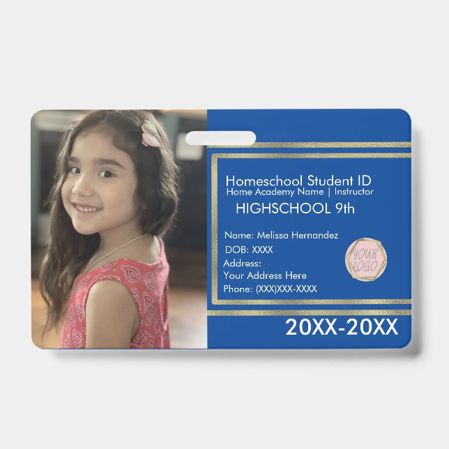 Elegant Homeschooling School ID Blue Gold Logo Badge (Front)