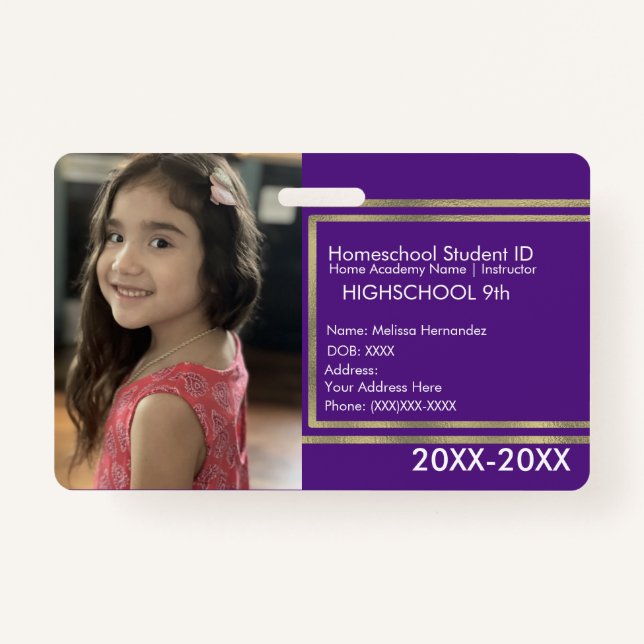 Elegant Homeschooling School ID Purple Gold Badge ID Badge (Front)