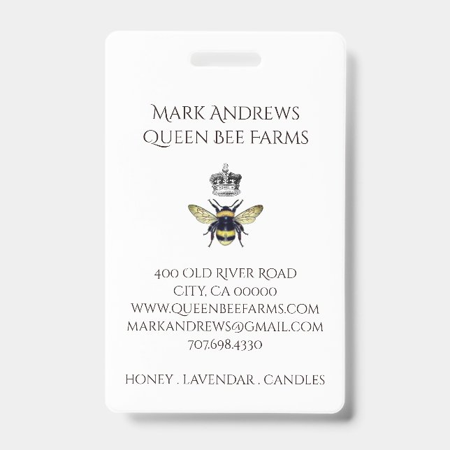 Elegant Honey Bee And Crown Farms Apiary ID Badge (Front)