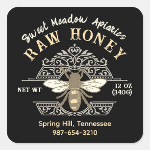 Elegant Honeybee on French Filagree Honey Black Square Sticker