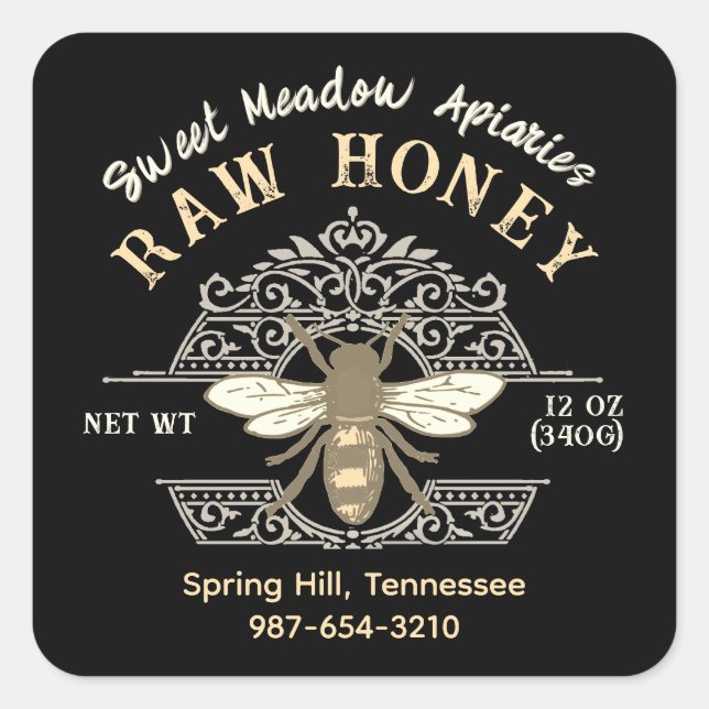 Elegant Honeybee on French Filagree Honey Black Square Sticker (Front)
