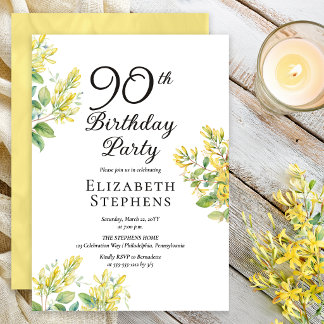 Elegant Honeysuckle 90th Birthday Yellow Floral Invitation