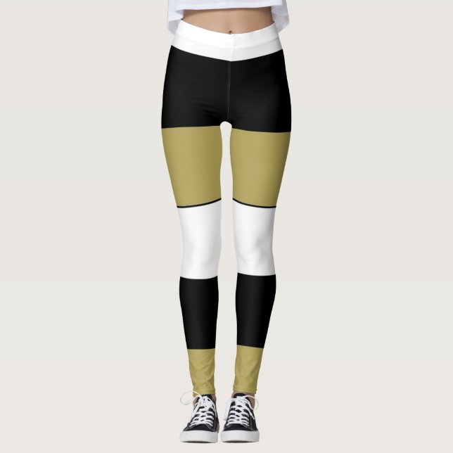Elegant Horizontal Stripes Black Gold White Leggings (Front)