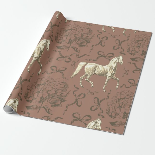 Elegant Horse Hydrangea Bows Beige Brown Toile Wrapping Paper (Unrolled)