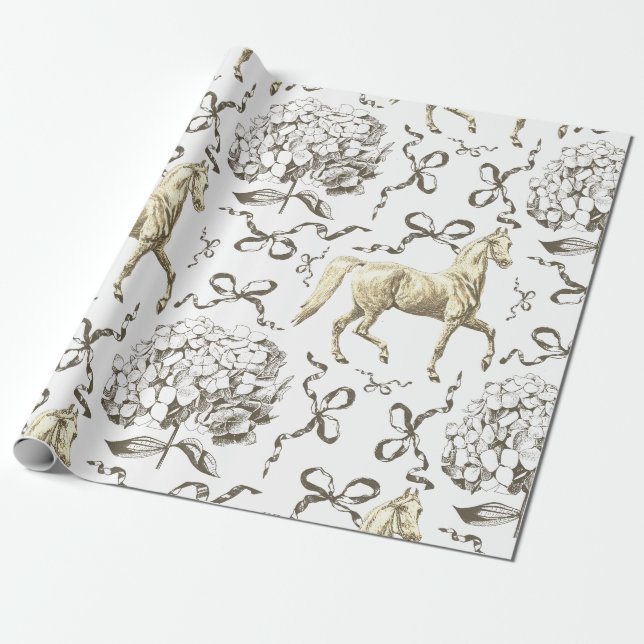 Elegant Horse Hydrangea Bows Beige White Toile Wrapping Paper (Unrolled)