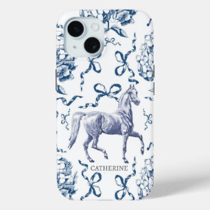 Elegant Horse Hydrangea Bows Dusty Blue Name iPhone 15 Case