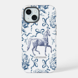Elegant Horse Hydrangea Bows Dusty Blue Name iPhone 15 Case