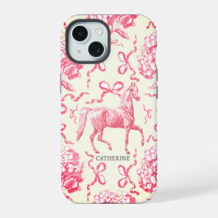 Elegant Horse Hydrangea Bows Red White with Name iPhone 15 Case