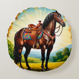 Elegant Horse Portrait with saddle Round Cushion