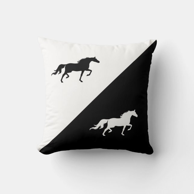 Elegant Horse Silhouettes on Black & White Cushion (Front)