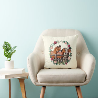 Elegant Horses in Floral Wreath Art  Cushion