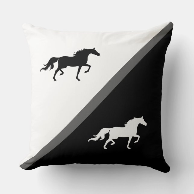 Elegant Horses on Black Grey and White Cushion (Front)