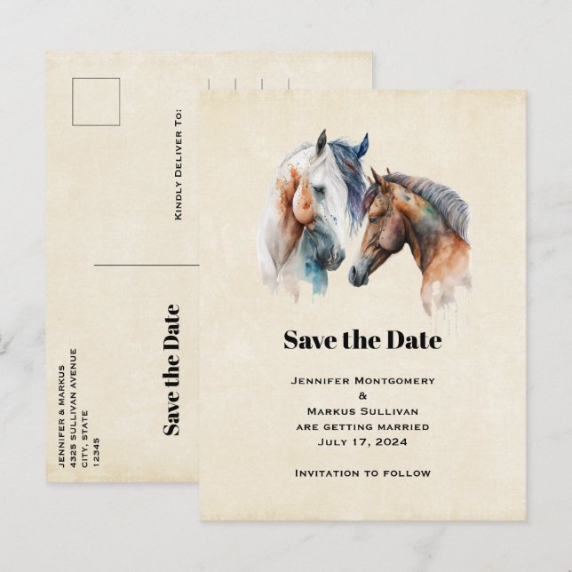 Elegant Horses Western Boho Wedding Save the Date Invitation Postcard (Front/Back)