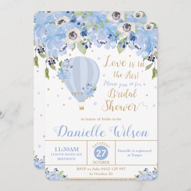 Elegant Hot Air Balloon Blue Floral Bridal Shower Invitation (Front/Back)