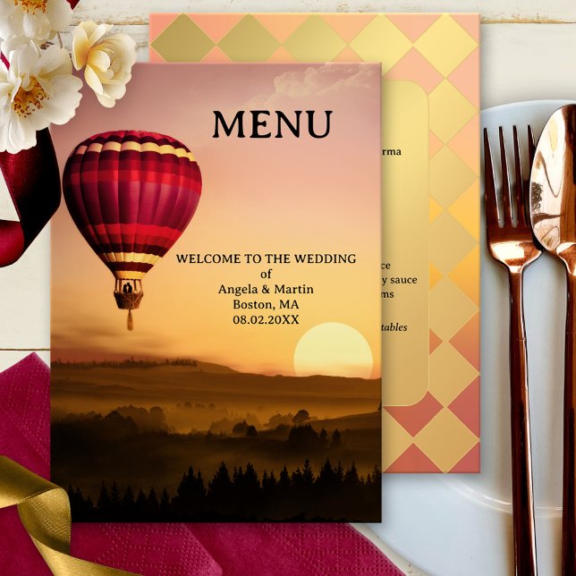 Elegant Hot Air Balloon Sunset Wedding Menu Card (Wedding menu card featuring a hot air balloon at sunset over a dreamy landscape)