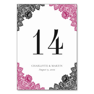 Elegant Hot Pink and Black Floral Lace Wedding Table Number