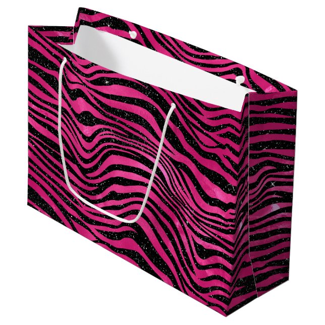 Elegant Hot Pink and Black Glitter Tiger Stripes Large Gift Bag (Front Angled)
