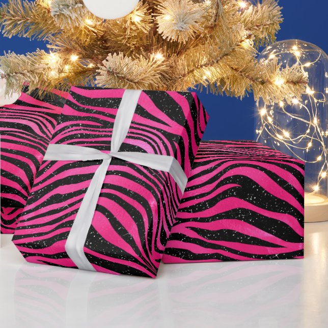 Elegant Hot Pink and Black Glitter Tiger Stripes Wrapping Paper (Holidays)
