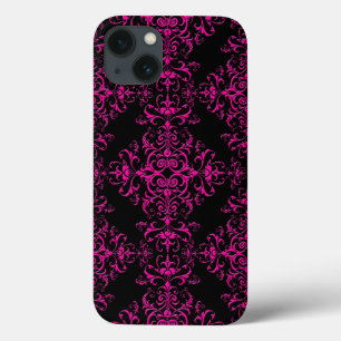 Elegant Hot Pink and Black Victorian Style Damask iPhone 13 Case