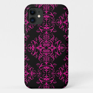 Elegant Hot Pink and Black Victorian Style Damask iPhone 11 Case