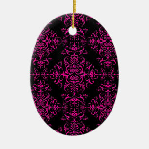 Elegant Hot Pink and Black Victorian Style Damask Ceramic Tree Decoration