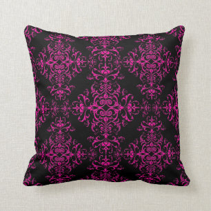 Elegant Hot Pink and Black Victorian Style Damask Cushion