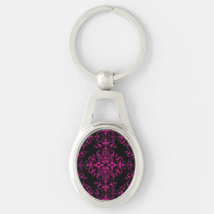 Elegant Hot Pink and Black Victorian Style Damask Key Ring