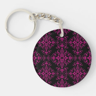 Elegant Hot Pink and Black Victorian Style Damask Key Ring