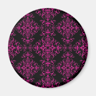 Elegant Hot Pink and Black Victorian Style Damask Magnet