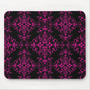 Elegant Hot Pink and Black Victorian Style Damask Mouse Pad