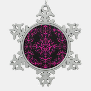 Elegant Hot Pink and Black Victorian Style Damask Snowflake Pewter Christmas Ornament