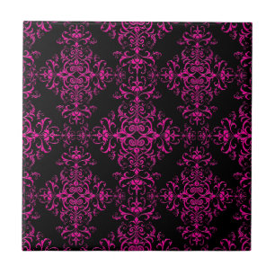 Elegant Hot Pink and Black Victorian Style Damask Tile