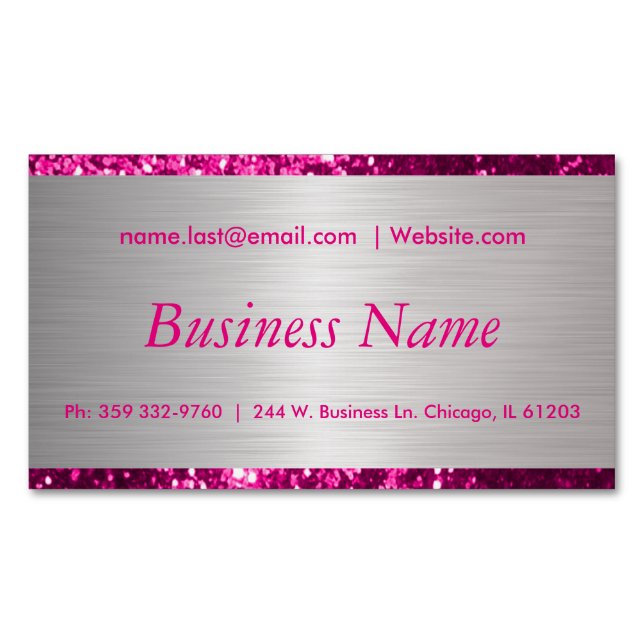 Elegant Hot Pink and Brush Silver Steel Magnetic Business Card (Front)